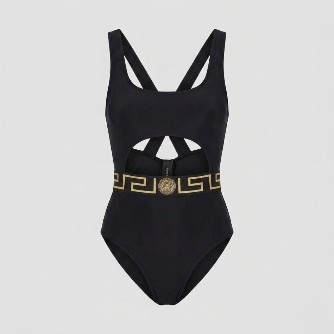 Costume Intero con Cut-Out e Dettaglio Greca Nero