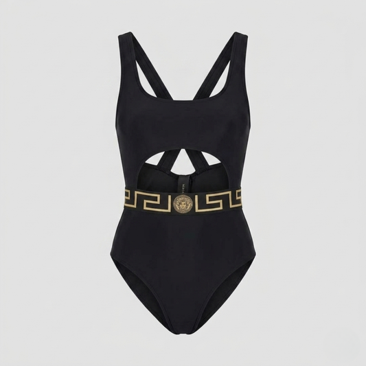 Costume Intero con Cut-Out e Dettaglio Greca Nero