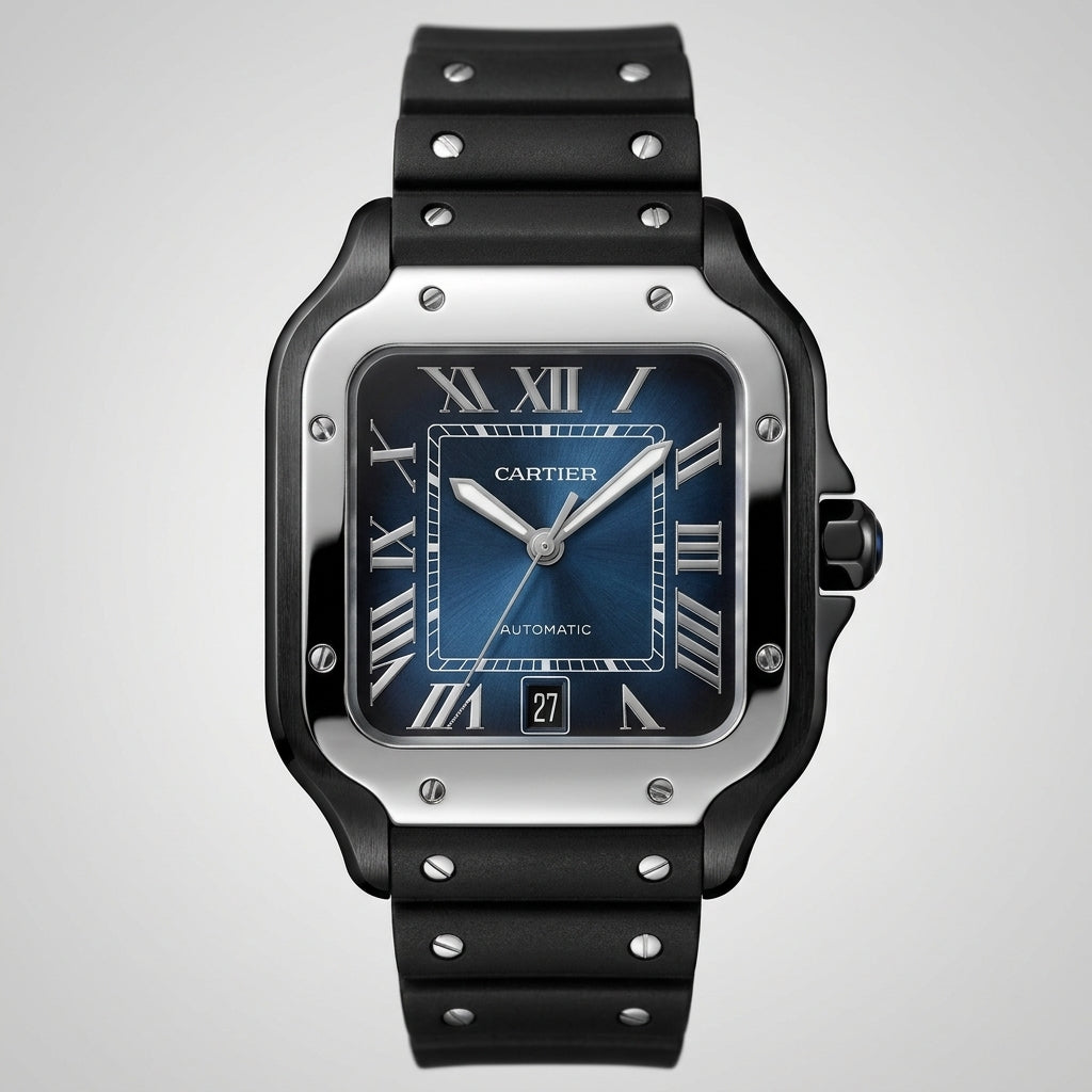 Santos de CT Automatic Black ADLC Case with Steel Bezel and Blue Sunburst Dial