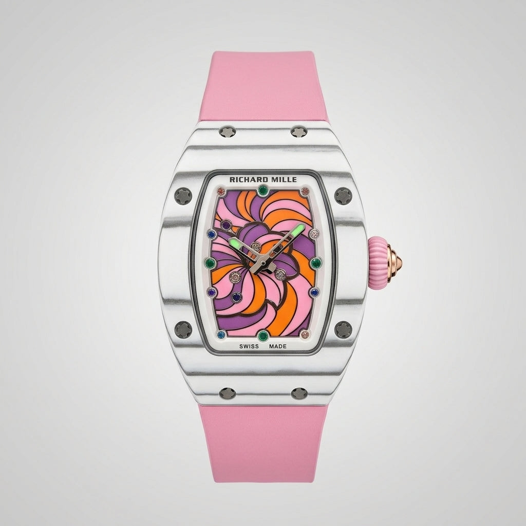 RM Swirl Abstract Dial White Ceramic Case with Pink Strap