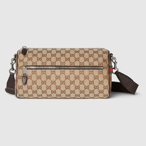 Kleine zylindrische Tasche aus beigefarbenem und dunkelbraunem GG-Gewebe