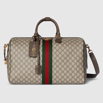 Savoy Boston bag, medium size, beige and dark brown fabric