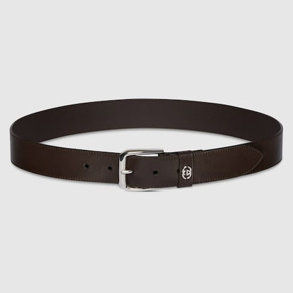 Men's brown leather GG Interlocking buckle belt