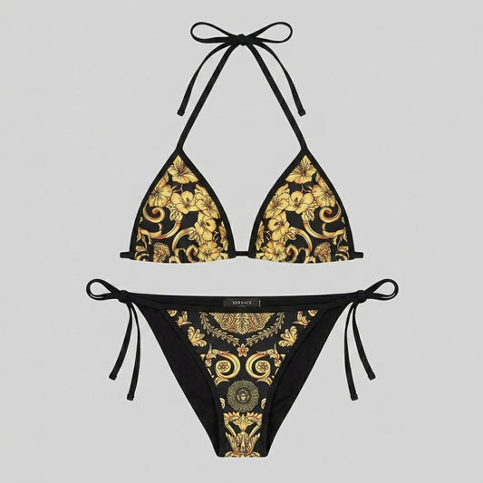 Bikini Set Stampa Barocco Hibiscus Nero
