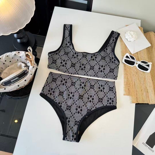Bikini Vita Alta Stampa Diamante Monogram Nero