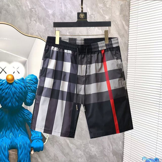 Costume da Bagno a Quadri Nero e Grigio con Riga Rossa