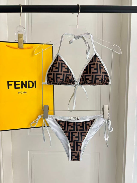 Bikini a Triangolo con Motivo Logo FF e Profilo Metallizzato