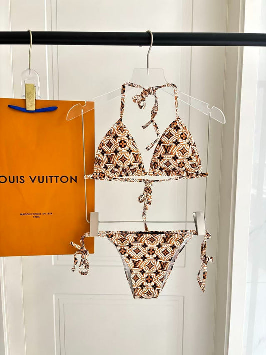 Bikini Geometric Monogram Print Marrone