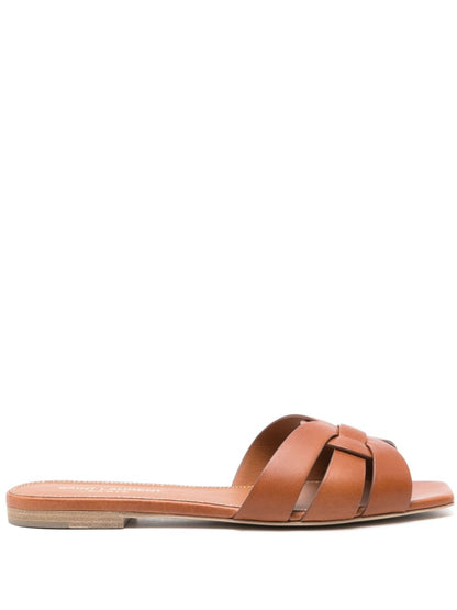 Brown calfskin Tribute flat sandals