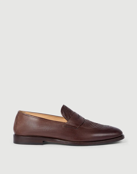 Penny Loafer in vitello intecciato e vitello lucido testa di moro
