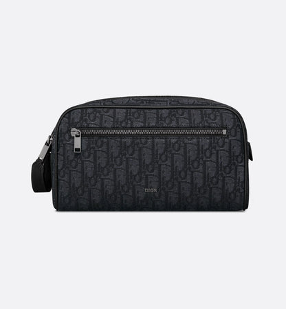 Beige and black Oblique jacquard toiletry bag with black hammered calfskin
