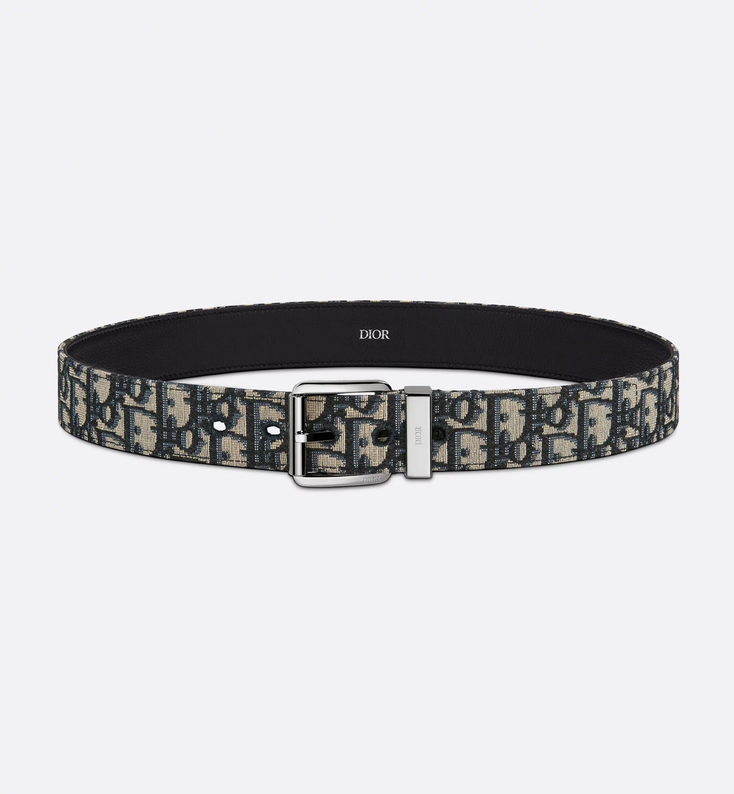 Men's Beige and Black Oblique Jacquard Belt with Black Grained Calfskin 35 mm
