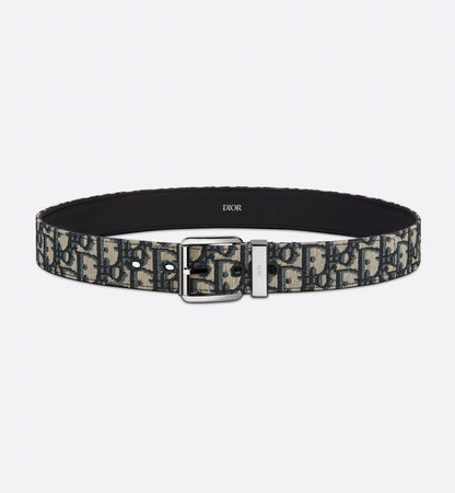 Men's Beige and Black Oblique Jacquard Belt with Black Grained Calfskin 35 mm