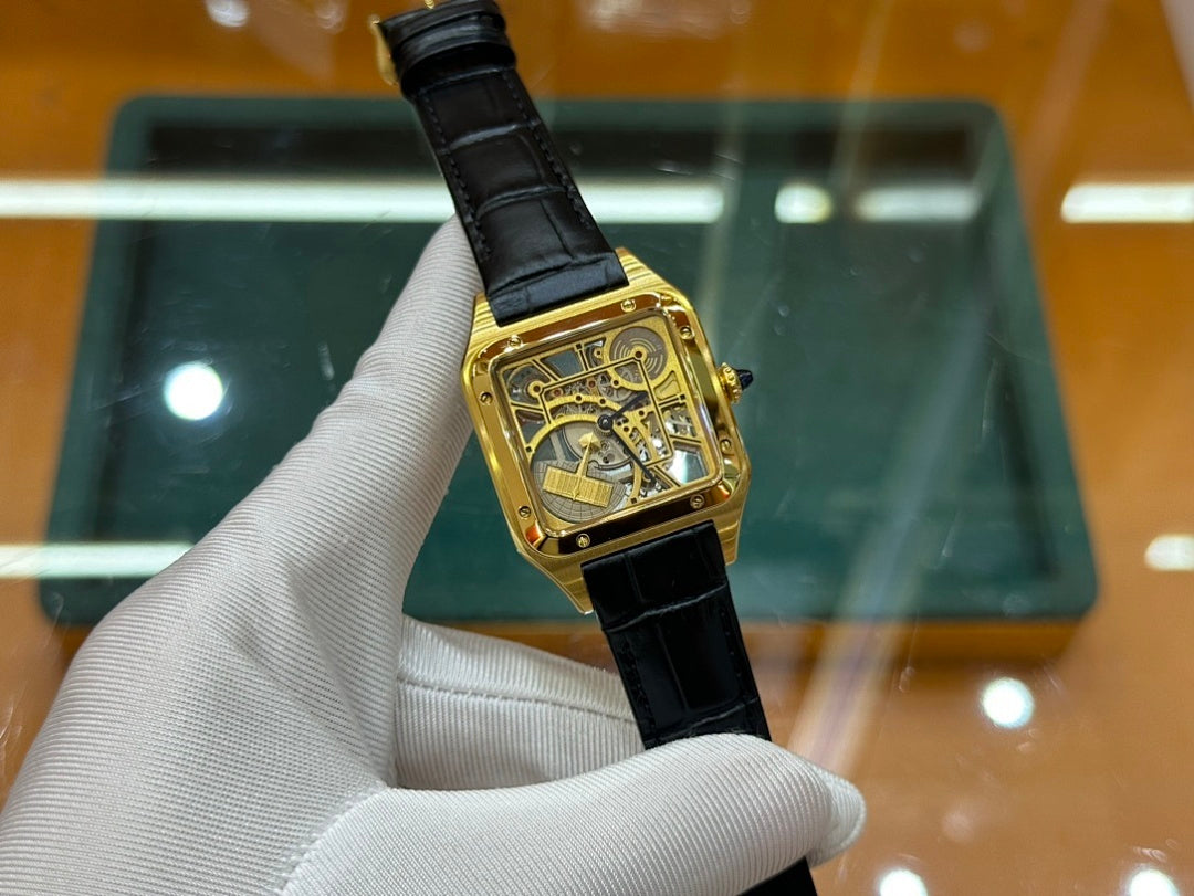 Santos de CT Skeleton Yellow Gold Color Case with Openworked Brigde Dial and Black Leather Strap