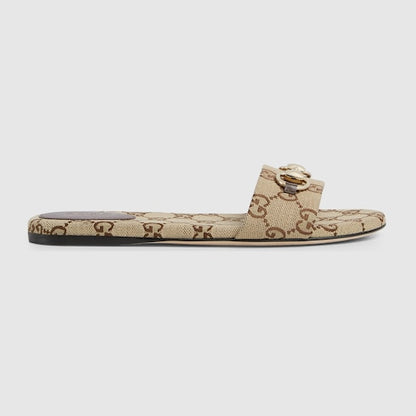 Women's slider sandal with dark beige and brown GG fabric clamp