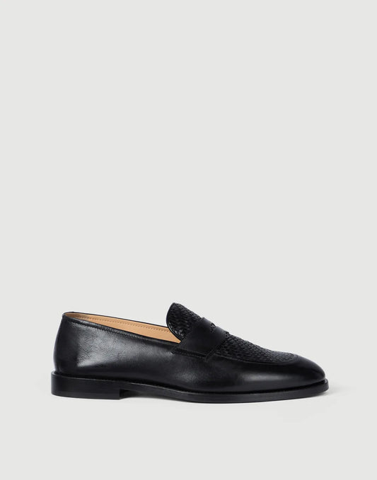 Penny Loafer in vitello intecciato e vitello lucido nero