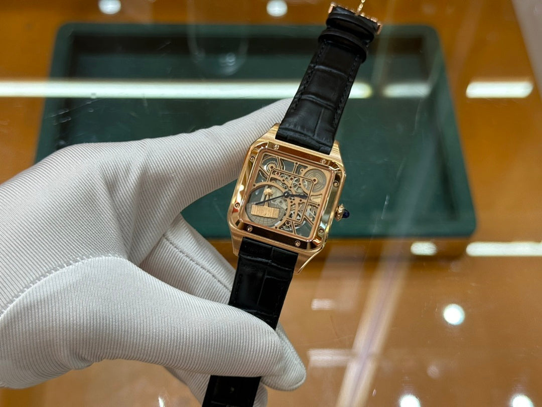 Santos Dumont Skeleton Rose Gold Color Case with Openworked Dial and Black Leather Strap