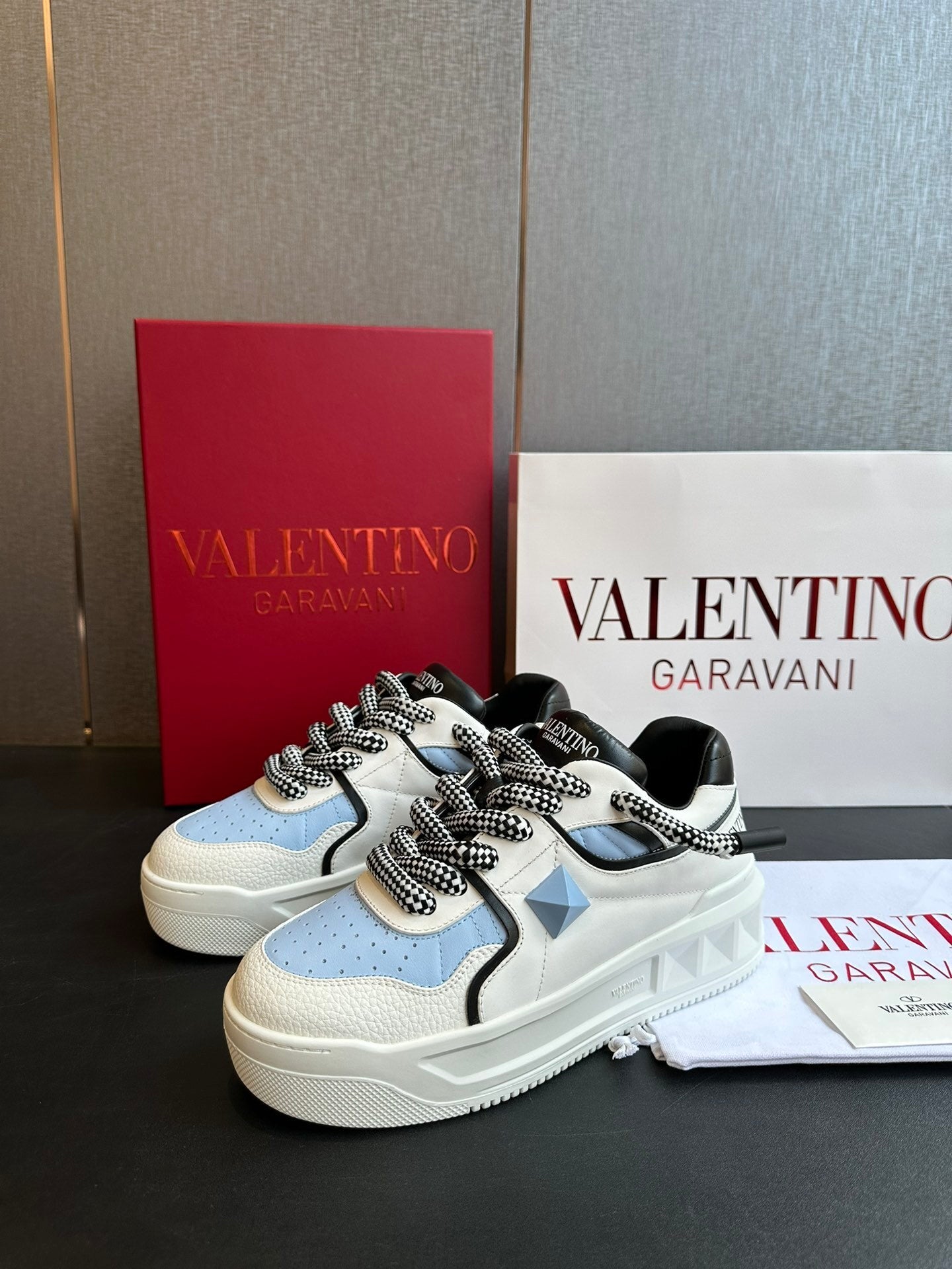White/Sky Blue Nappa Leather One Stud XL Low-Top Sneakers