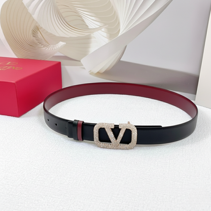 Reversible VLogo Signature belt in black glossy calfskin with crystals
