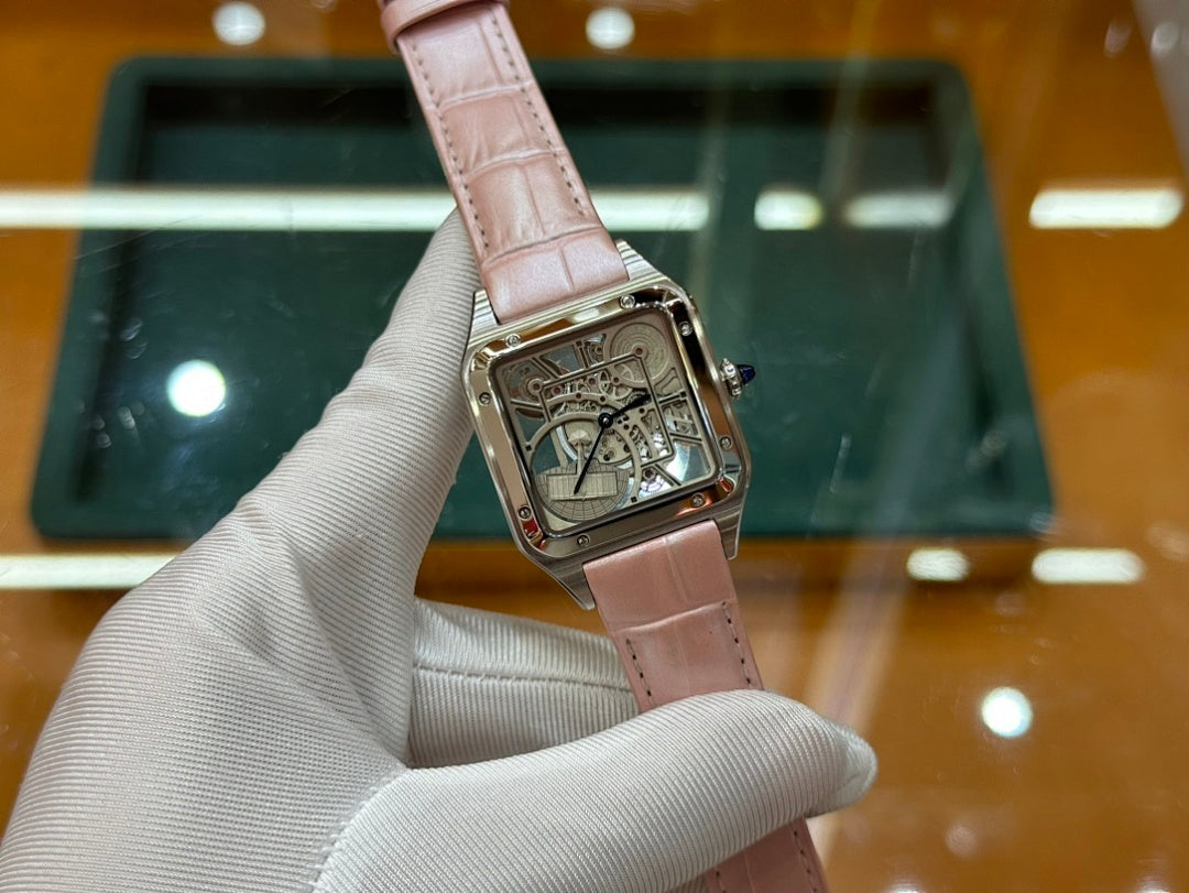 Santos Dumont Skeleton Steel and Gold-Finished Color Case with Openworked Dial and Pastel Pink Leather Strap