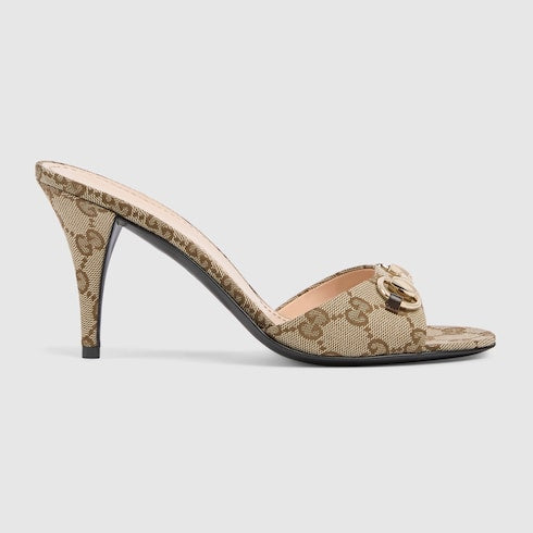 Women's slider sandal with beige and brown fabric clamp