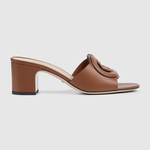 Women's slider sandal with brown leather GG criss-cross straps