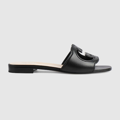 Women's slider sandal with black leather GG Interlock