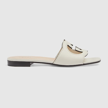 Women's slider sandal with white leather Interlocking G