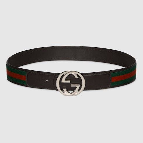 Men's reversible belt with green/red and brown Interlocking G buckle