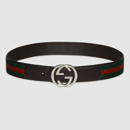 Men's reversible belt with green/red and brown Interlocking G buckle