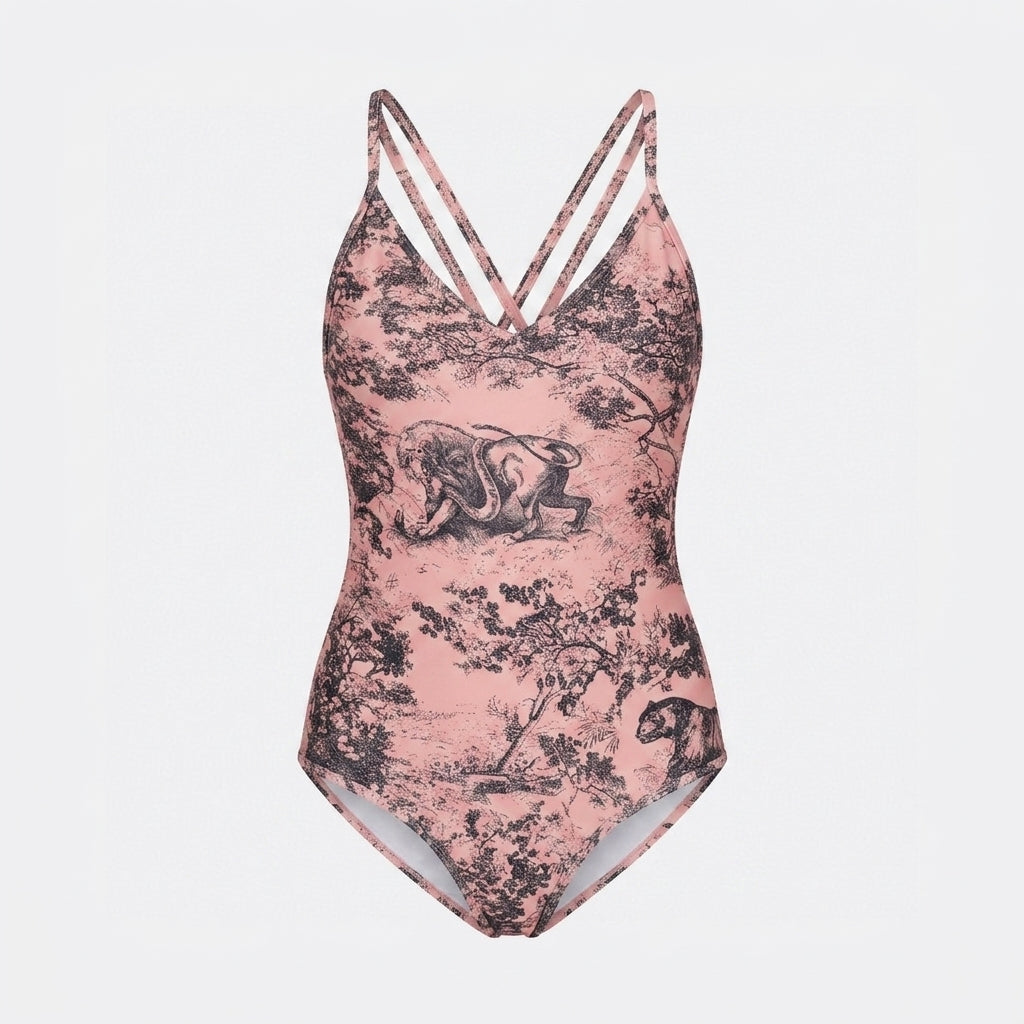 Costume Intero Stampa Toile de Jouy Rosa e Nero