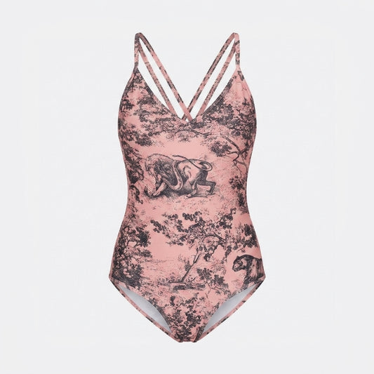 Costume Intero Stampa Toile de Jouy Rosa e Nero