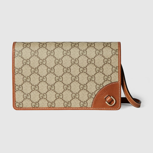 Portafoglio GG Emblem con tracolla in Tessutto Beige