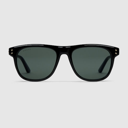 Men's shiny black acetate square sunglasses with metal rivets