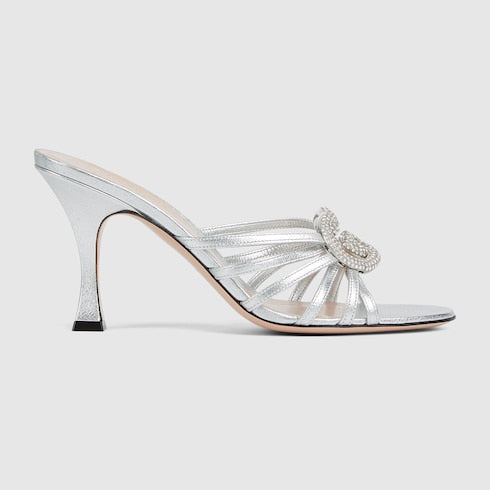 Women's silver leather GG Interlocking crystal slider sandal with heel