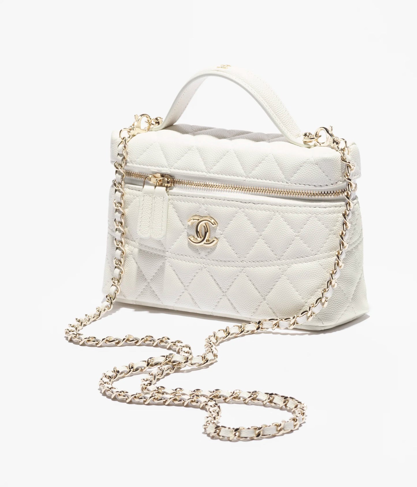 Vanity case with glossy white calfskin handle and gold-tone metal details