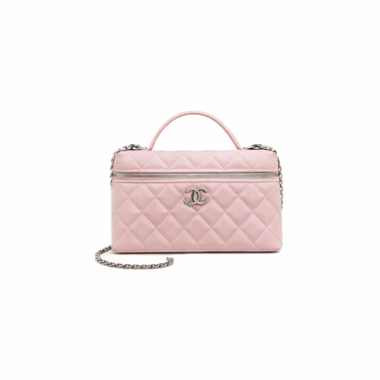 Vanity case with glossy pink calfskin handle and gold-tone hardware