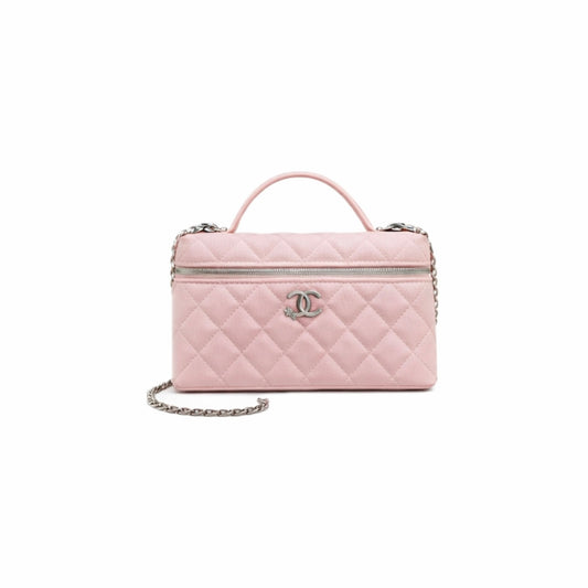 Vanity con manica in pelle di vitello lucida rosa e dettagli in metallo dorato