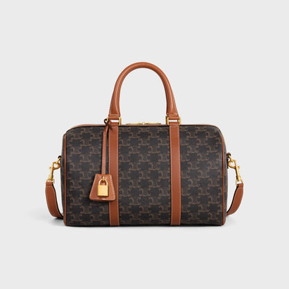 Borsa Boston grande in tela Triomphe e pelle di vitello CUOIO