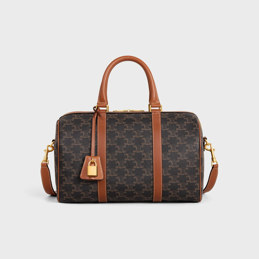 Borsa Boston grande in tela Triomphe e pelle di vitello CUOIO
