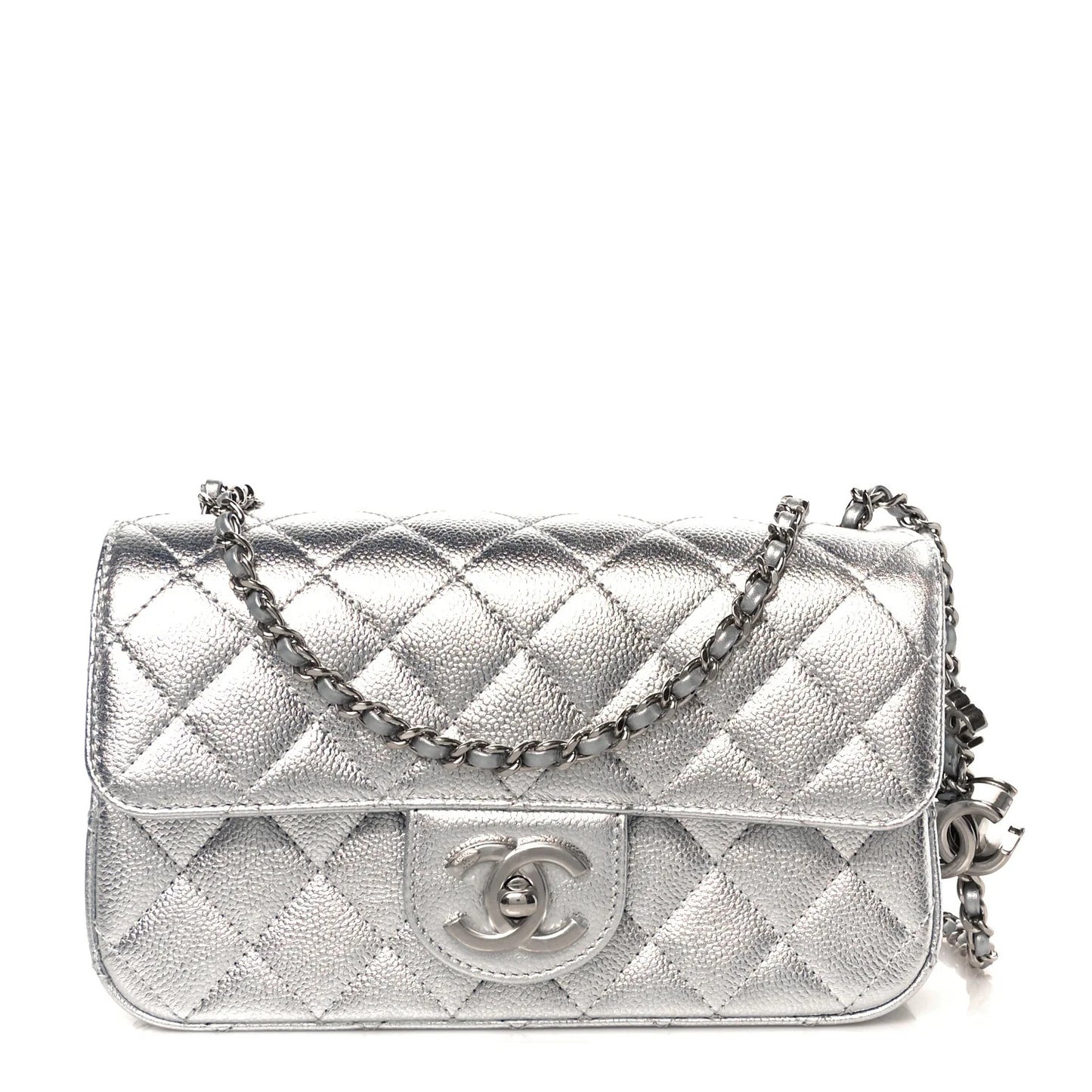 Mini metallic quilted rectangular Caviar bag with silver CC Slide flap
