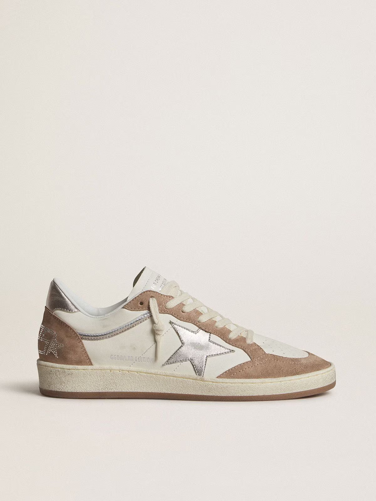 LTD in white nappa and antique rose suede with silver laminated leather star and heel tab