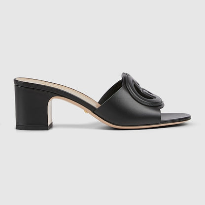 Women's slide sandal with black leather Interlocking GG