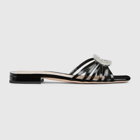 Women's slider sandal with GG criss-cross and crystals in black patent leather