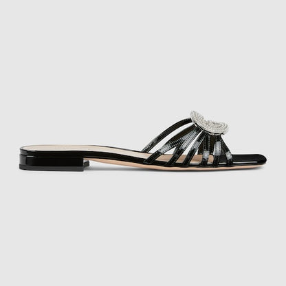Women's slider sandal with GG criss-cross and crystals in black patent leather