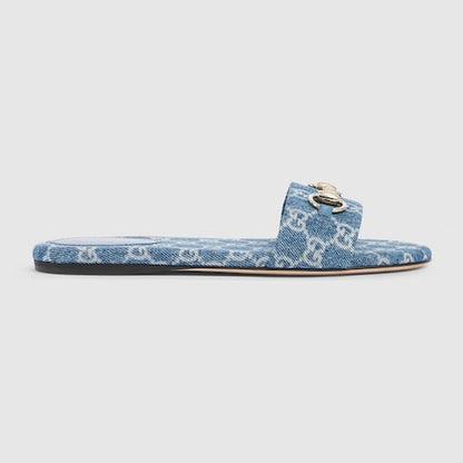 Women's slider sandal with blue GG denim Horsebit