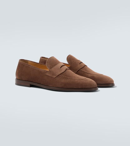 Brown suede penny loafers