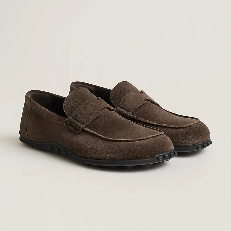 Brown suede loafers with H buckle
