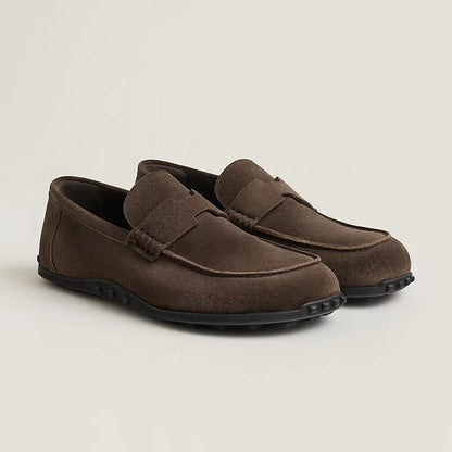 Brown suede loafers with H buckle