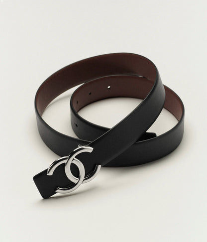 Calfskin and metal belt in Black, Burgundy, and Silver